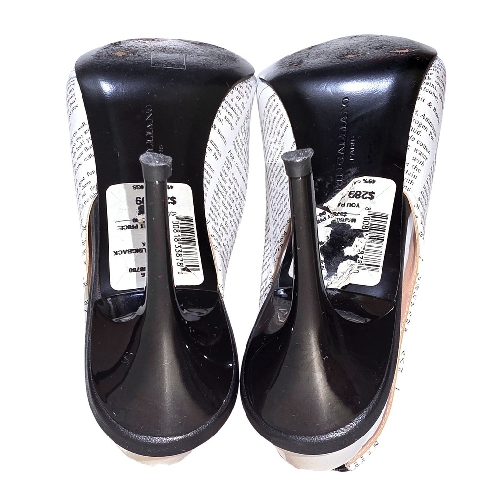 John Galliano Paris Newspaper Print Slingback Heels Womens 9.5 White Black EUC - Picture 8 of 12